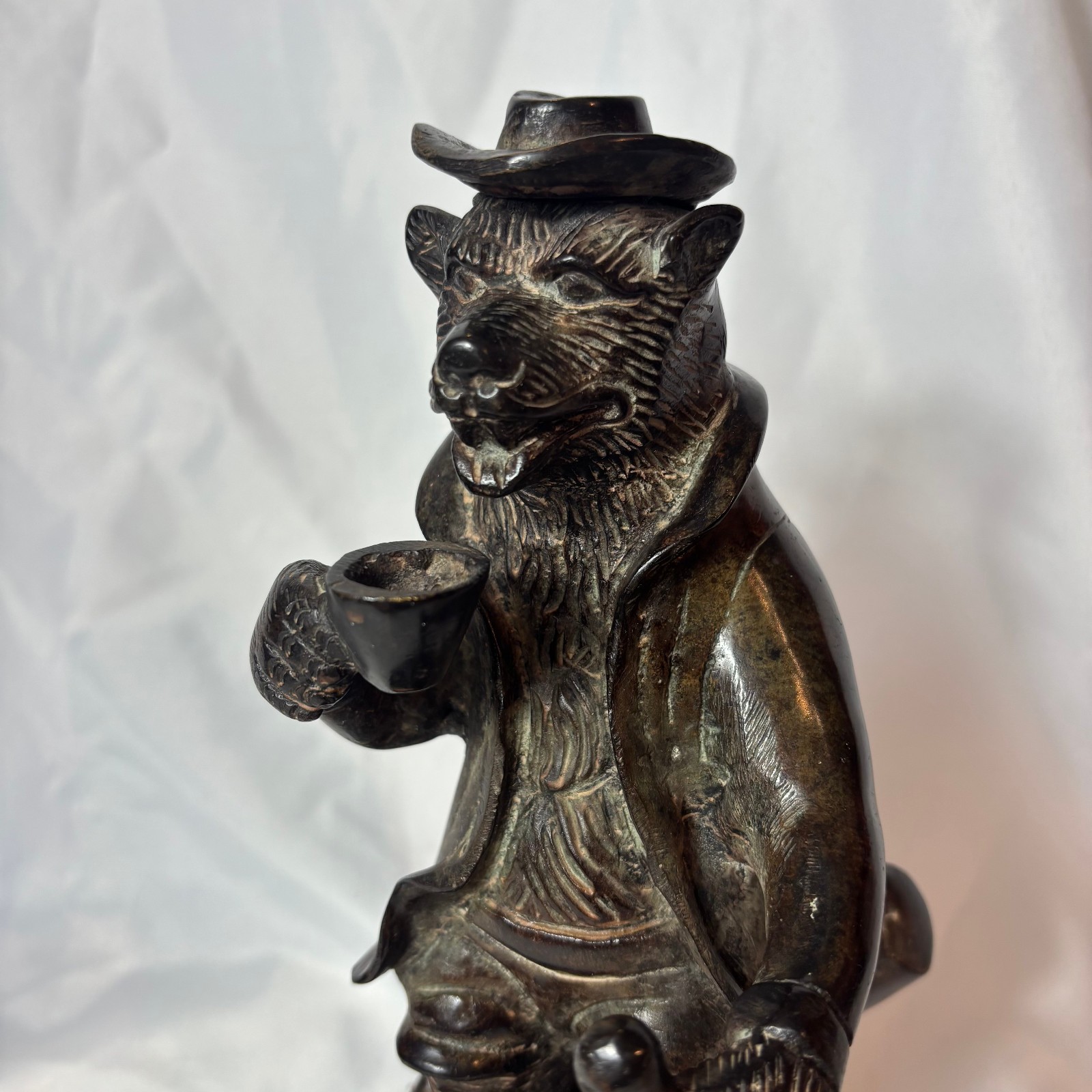 Bronze Bear W/ Cane & Hat Anthropomorphic Statue Drinking Coffee Marble Pedestal