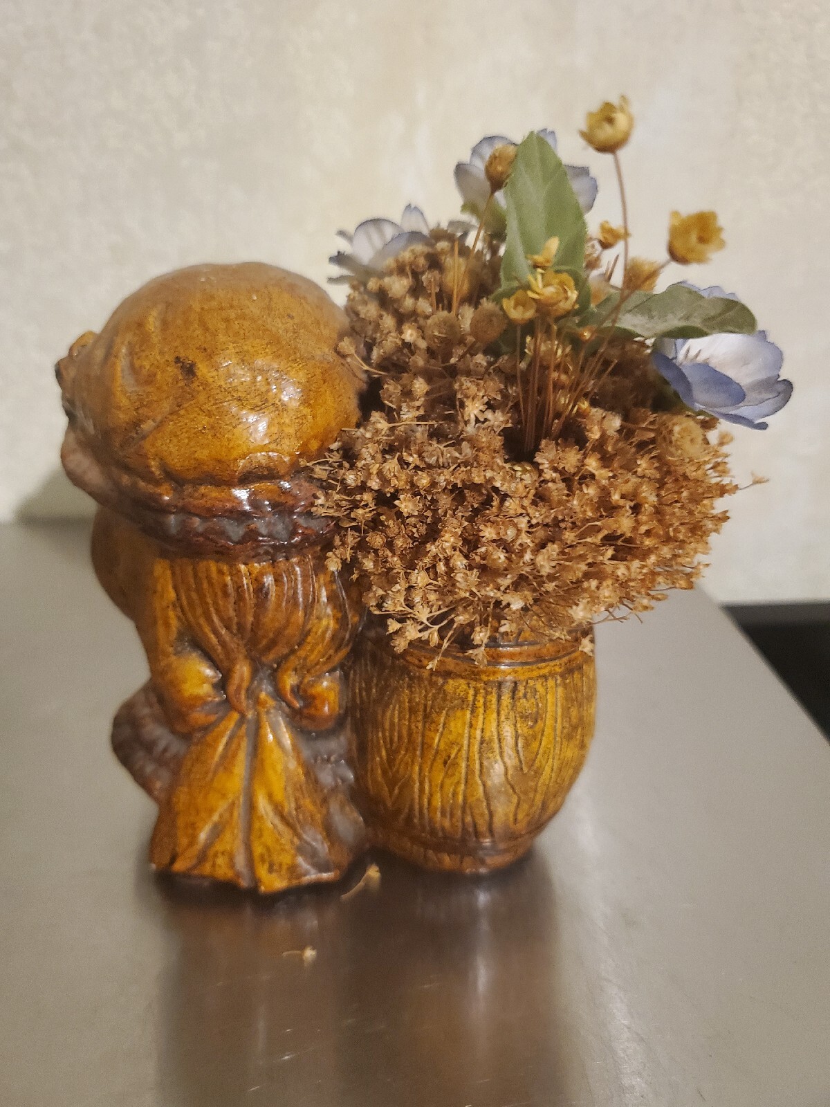 Unique Vintage 6&Prime; Tall Figurine Chalkware Girl Planter Decor w/Dried Flowers