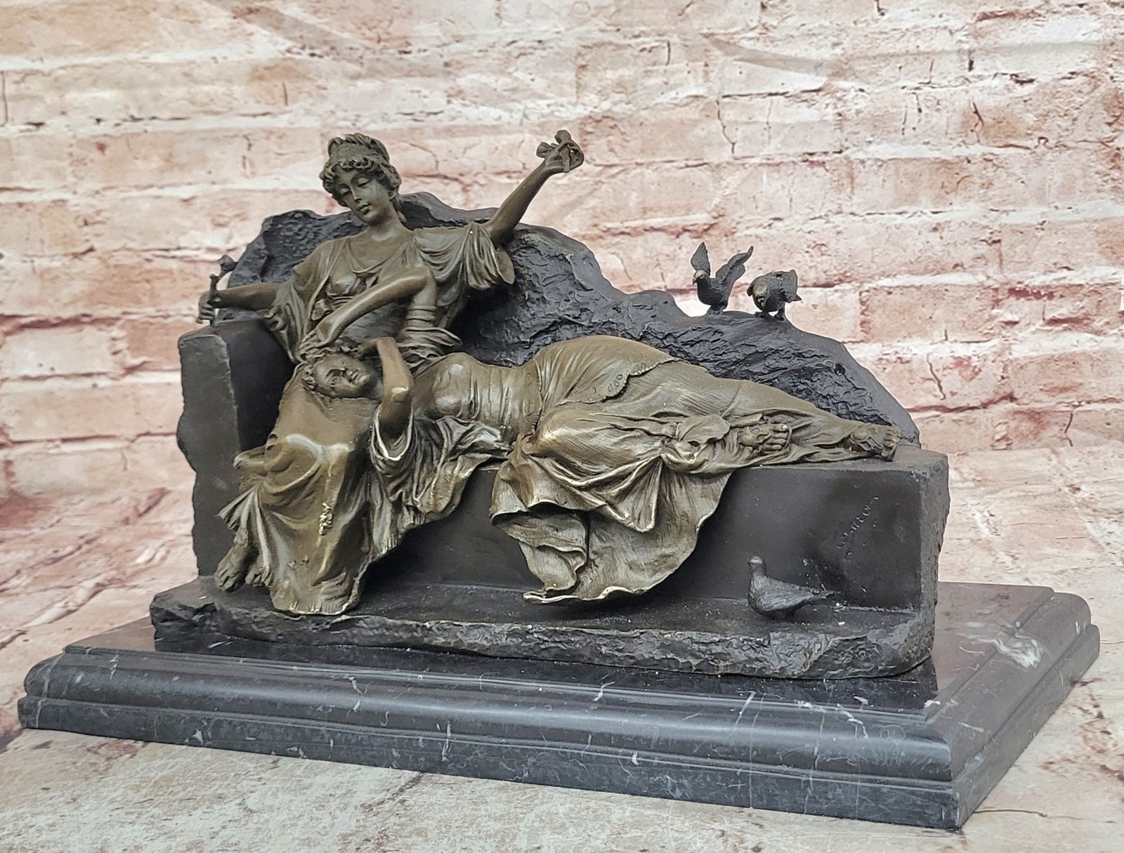 Romantic Two Reclining Girls Genuine Signed Bronze Sculpture Figurine Statue