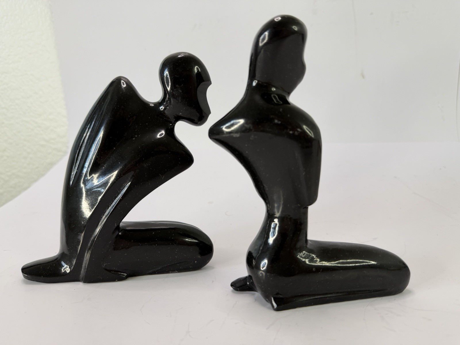 Vintage 1960s 1970s Black Stone Abstract Sculptures MCM Kneeling Couple Figures