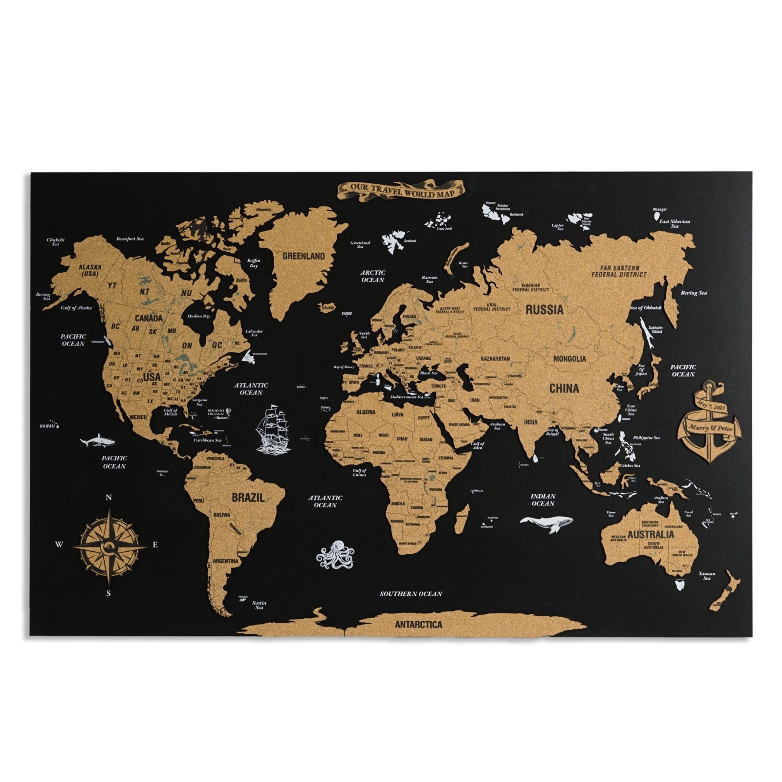 Unframed Travel World Map for Home & Office, Cork World Map Pin Board Wall Art