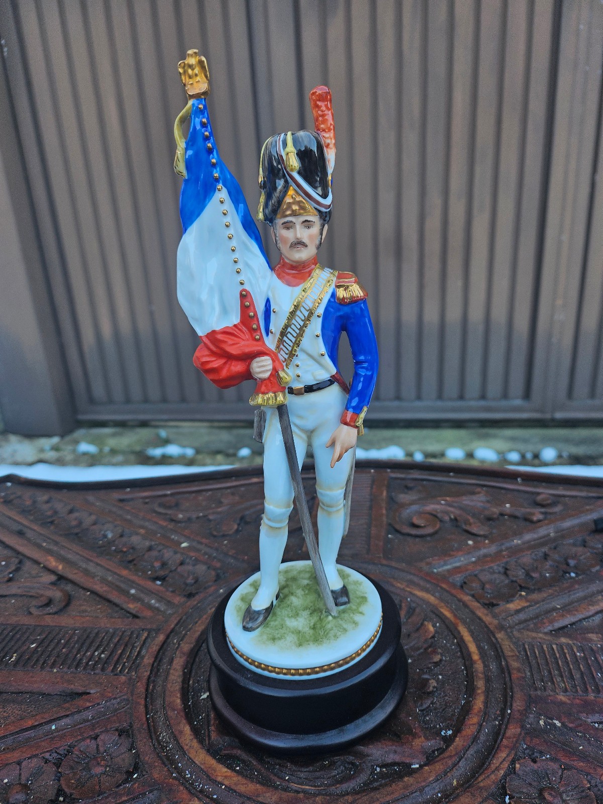 Vintage German KAISER porcelain napoleon soldier color bearer statue wood base