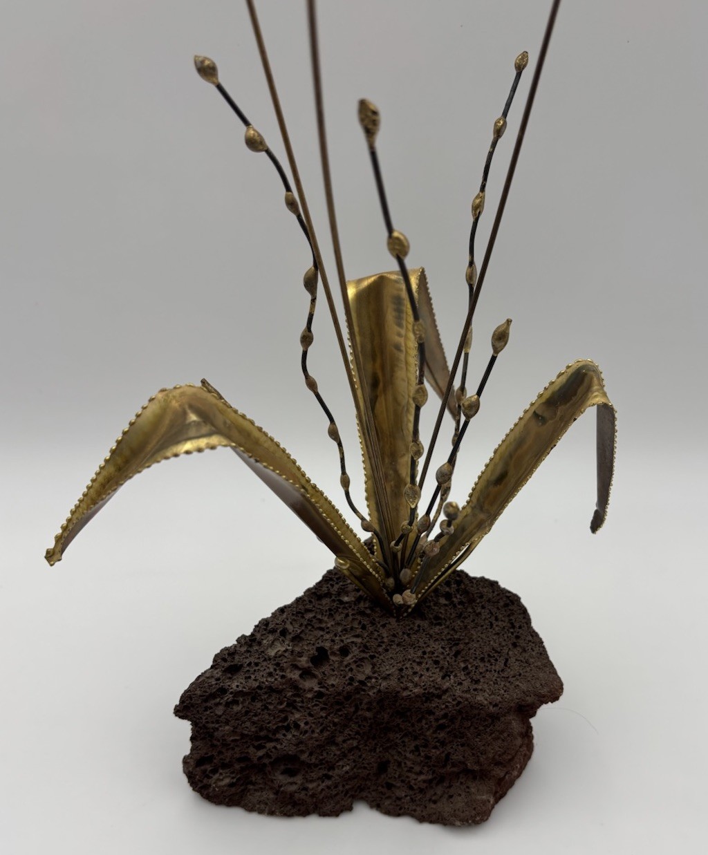 VTG MCM Brass Cattail Pussy Willow Sculpture Lava Rock Base 16&Prime; Brutalist 1960s