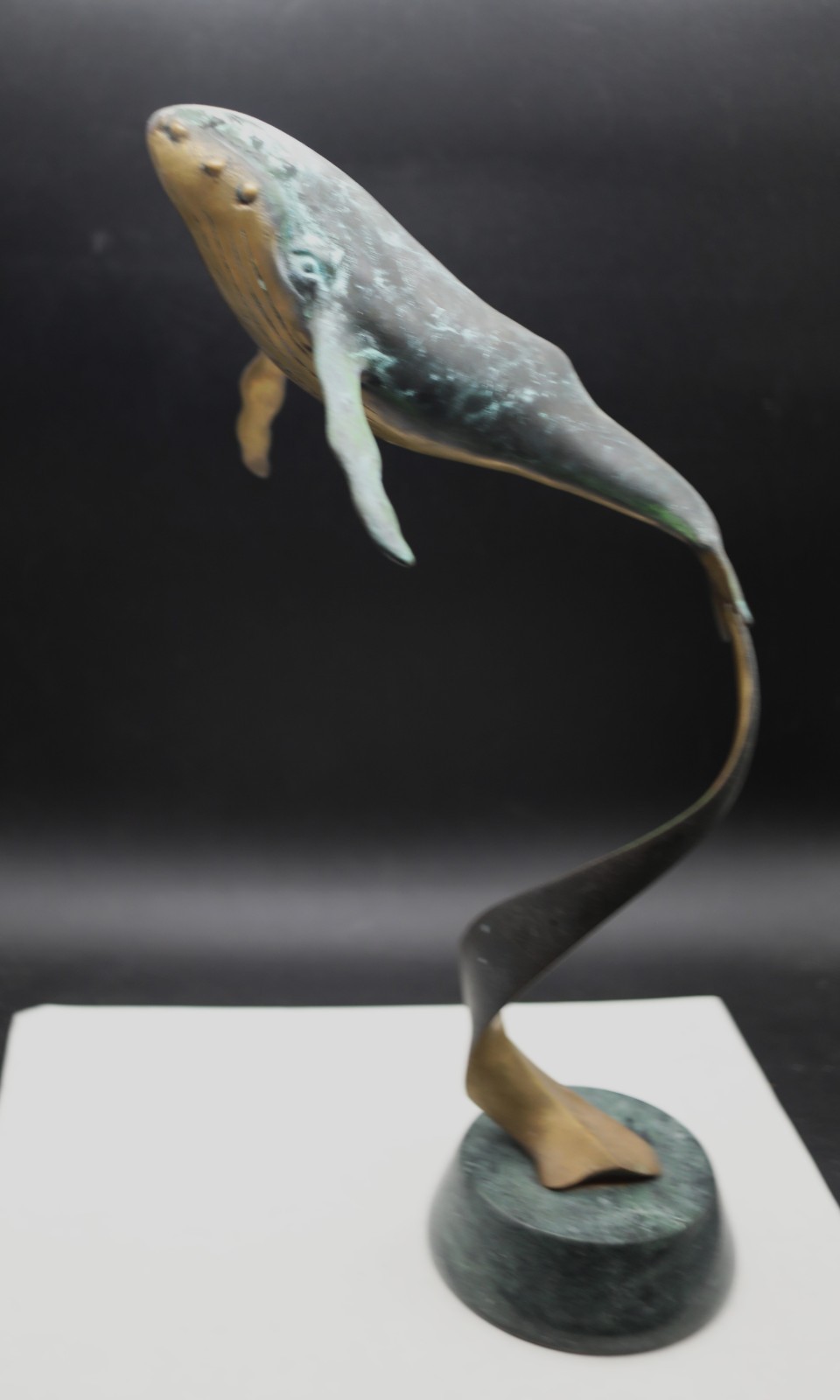 vintage Metal SPI Humpback Whale Statue on Green Marble Base 12.5&Prime; Bronze Brass