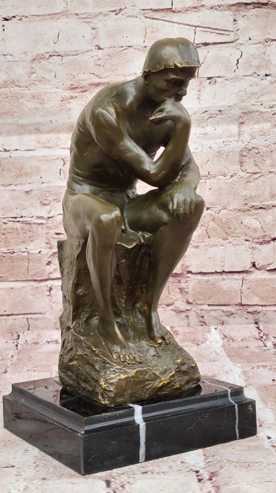 Bronze Sculpture on Marble Base After Rodin`s « The Thinker » – Signed Classic Art