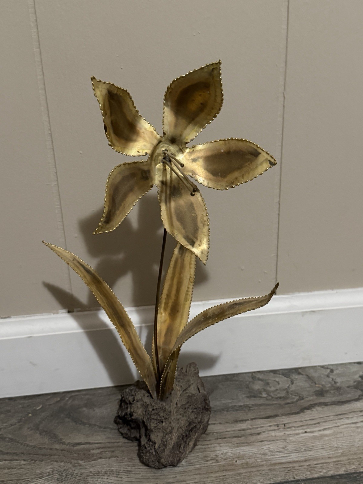 Vintage 1970&rsquo;s Torch-Cut Metal Flower Sculpture with Lava Rock Base