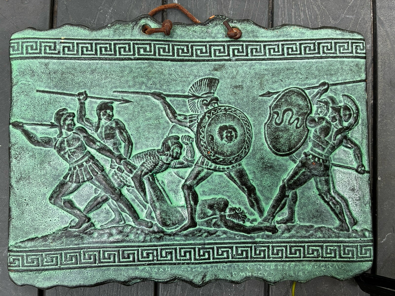 Vintage Greek Ceramic Wall Plaque Aged Look Ancient Greek Battle Scene Hellenic