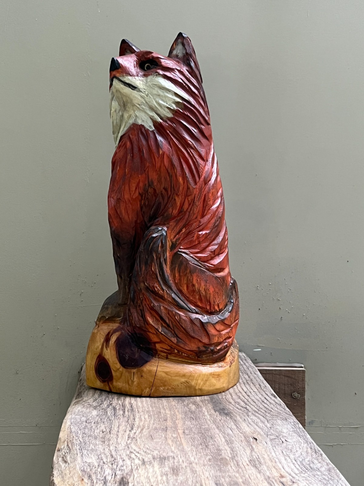 Red Fox Silver Sly Sculpture Statute Chainsaw Carving Totem Pole Art Cedar Wood