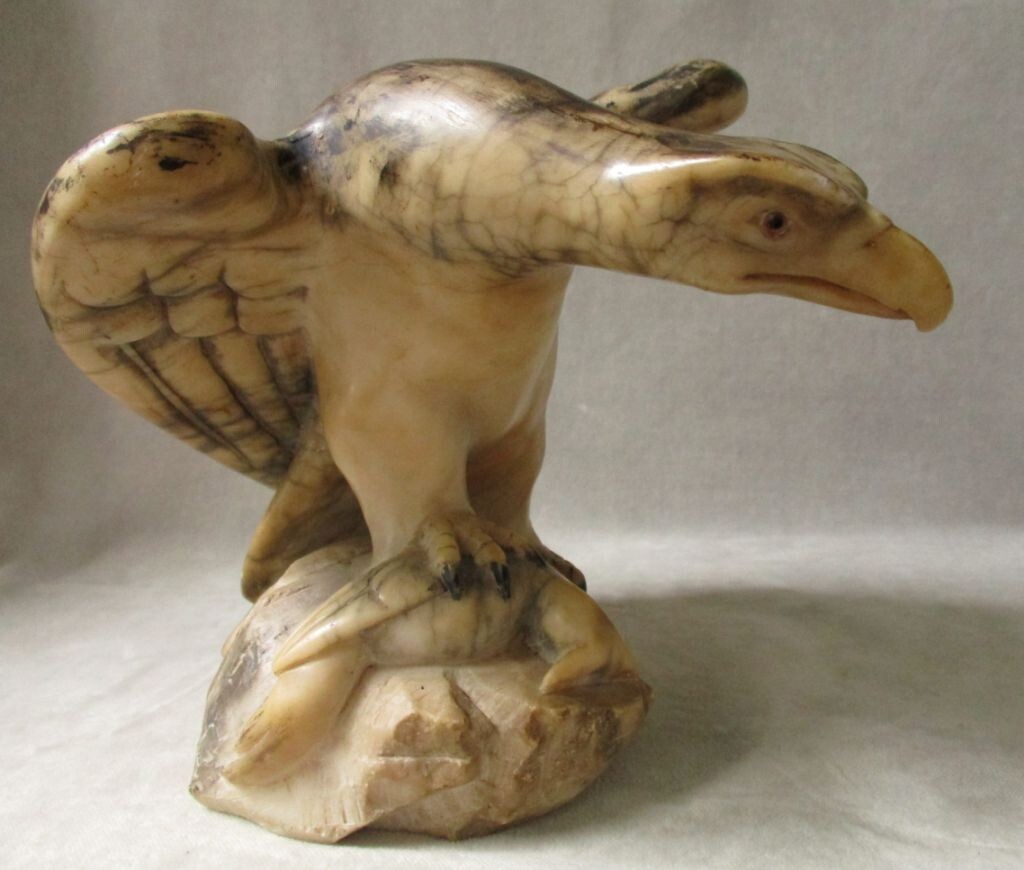Vintage Hand Carved Marble Eagle Sculpture with Prey Stone Bird Glass Eyes OOAK
