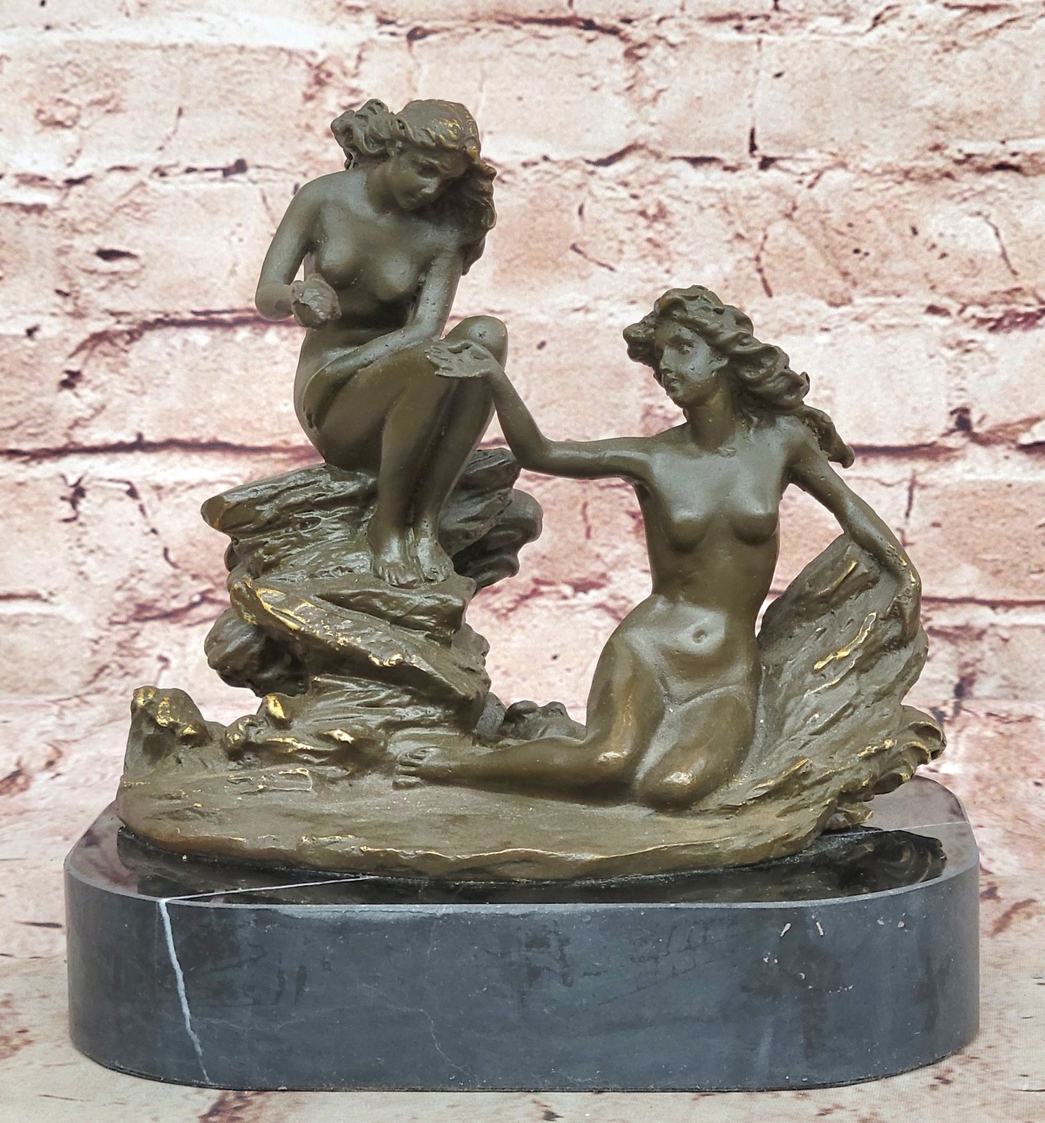 Signed Bronze Sculpture Statue of Naked Nymph Girls Relaxing Handmade Erotic