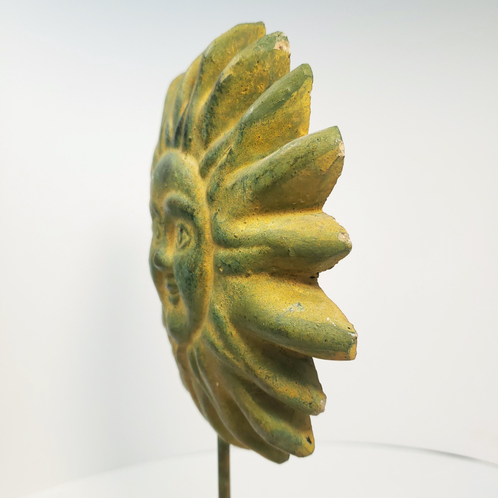 Cast Stoneware Art Sun Face and Base Folk Sculpture on Metal Post Indoor Outdoor