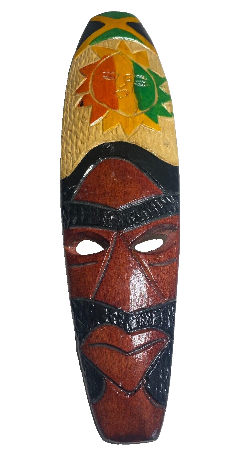 Hand Carved Wood Jamaican Folk Art Colorful Vibrant Sun Mask 15&Prime; x 3.75&Prime;