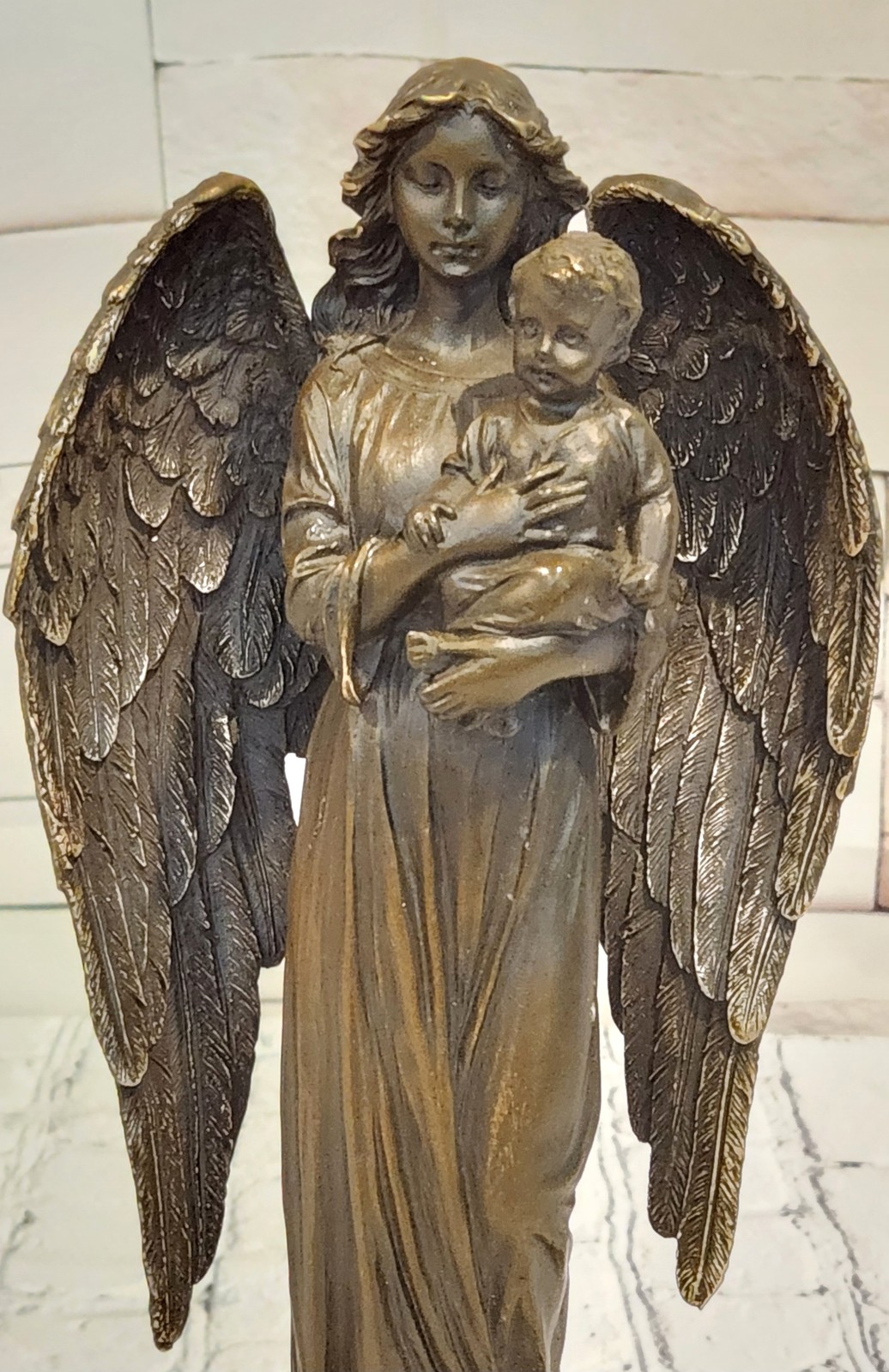 Signed A. Moreau Bronze Protective Angel with Child Sculpture Fine Art Piece