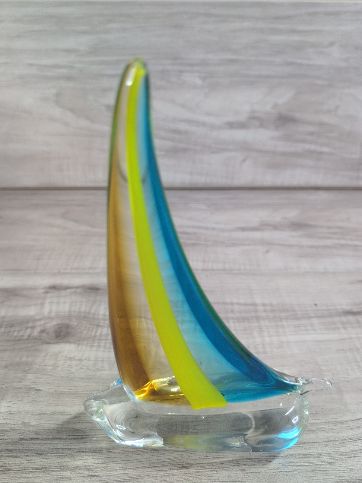 Murano Stile Art Glass Sailboat 8 Blue, Lime Green, and Amber Paperweight
