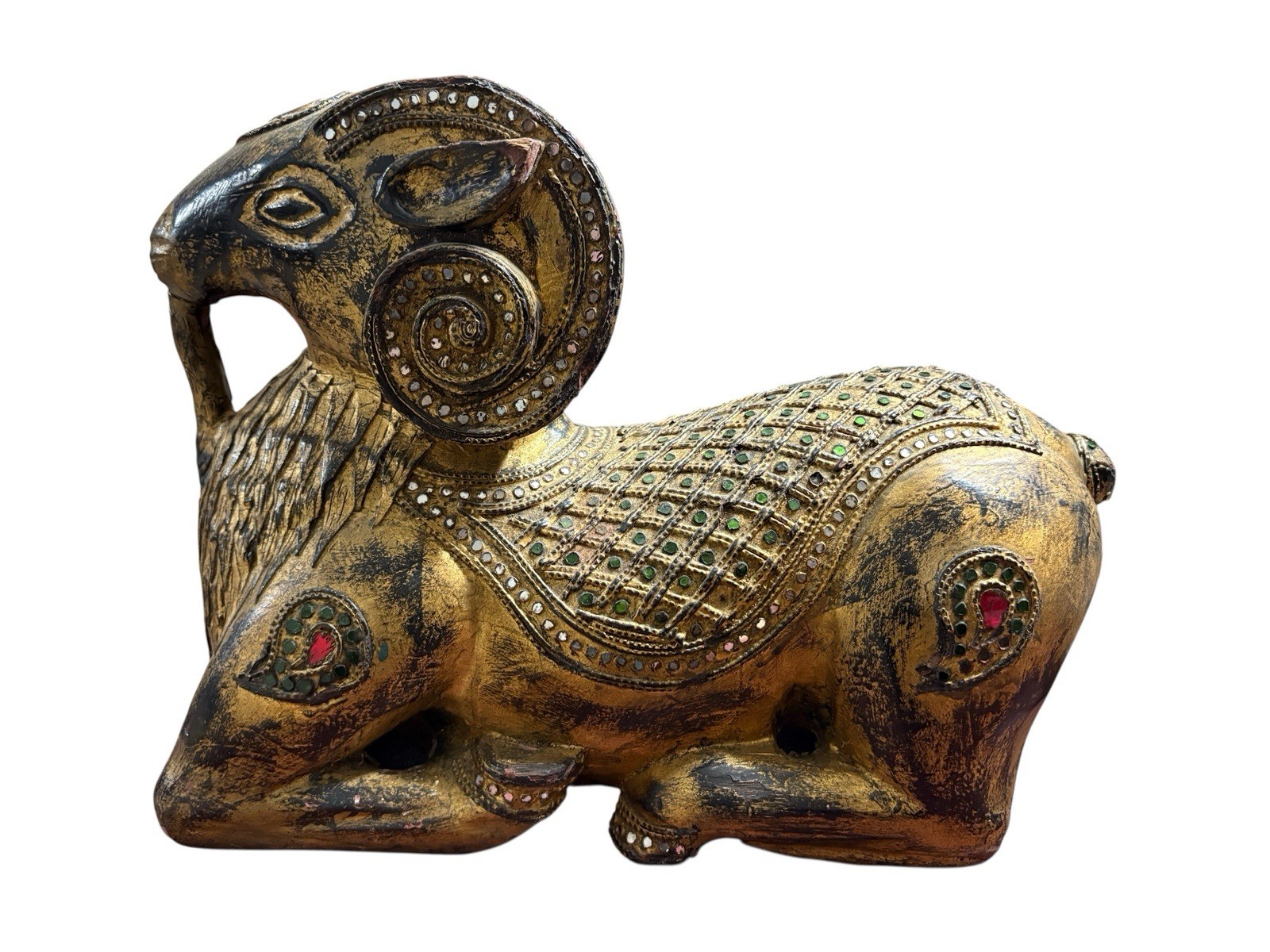 Antique Indian Gilt Wooden carved Ram Sculpture 11” Tall 15” Length By 6” Wide