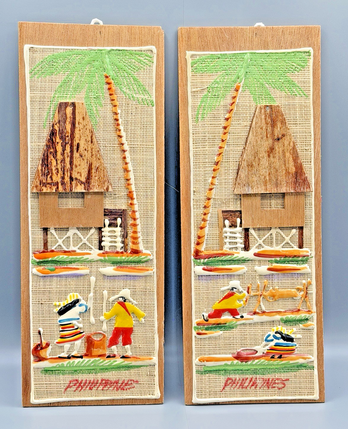 VTG MCM Pair Philippine Folk Wall Plaques Art Burlap Wood 1960s Tropical Village