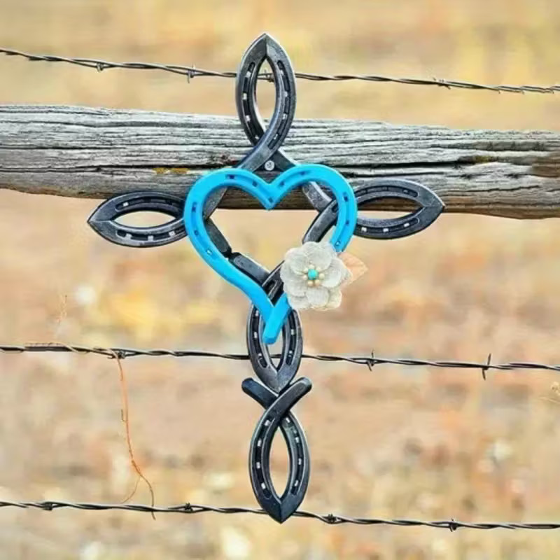 NEW 8×12 FLAT 2D PLASTIC Christian Horseshoe Cross w Blue Heart & White Flower