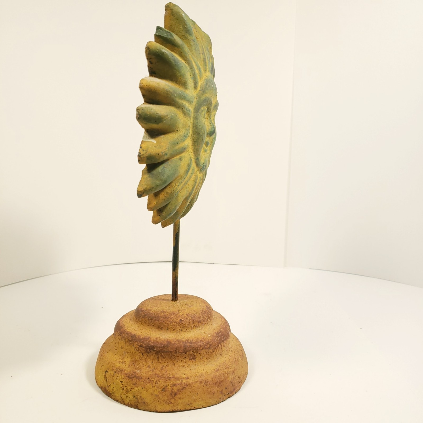Cast Stoneware Art Sun Face and Base Folk Sculpture on Metal Post Indoor Outdoor