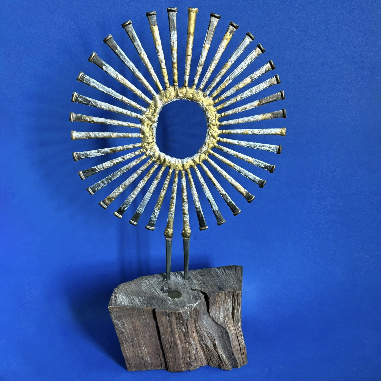 1972 Jacob Sunburst Sculpture Metal Nails Wood Base 18” Tall Brass Silver Color