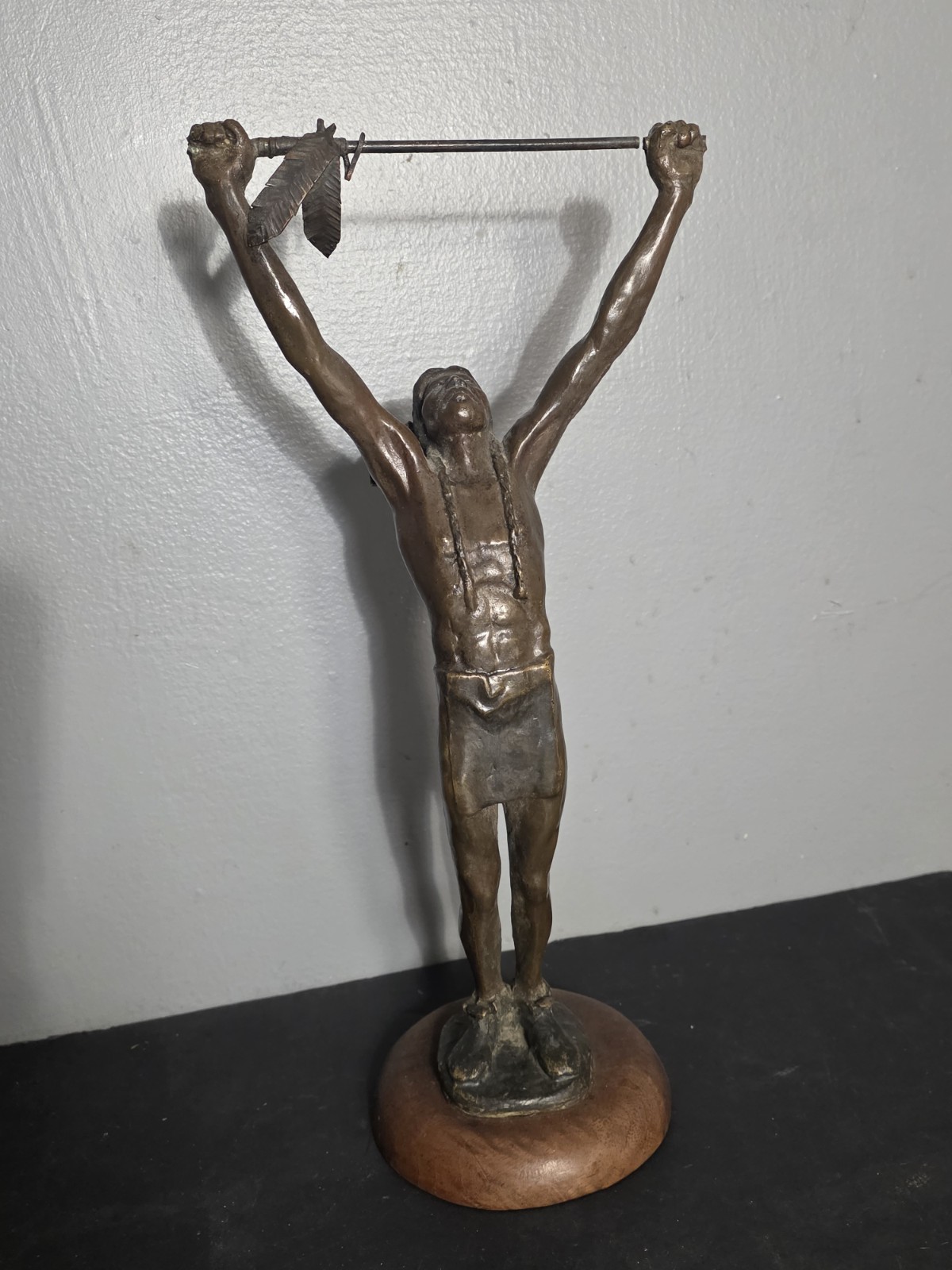 Vtg Solid Bronze American Indian Warrior Sculpture With Spear! Signed 16&Prime; As Is