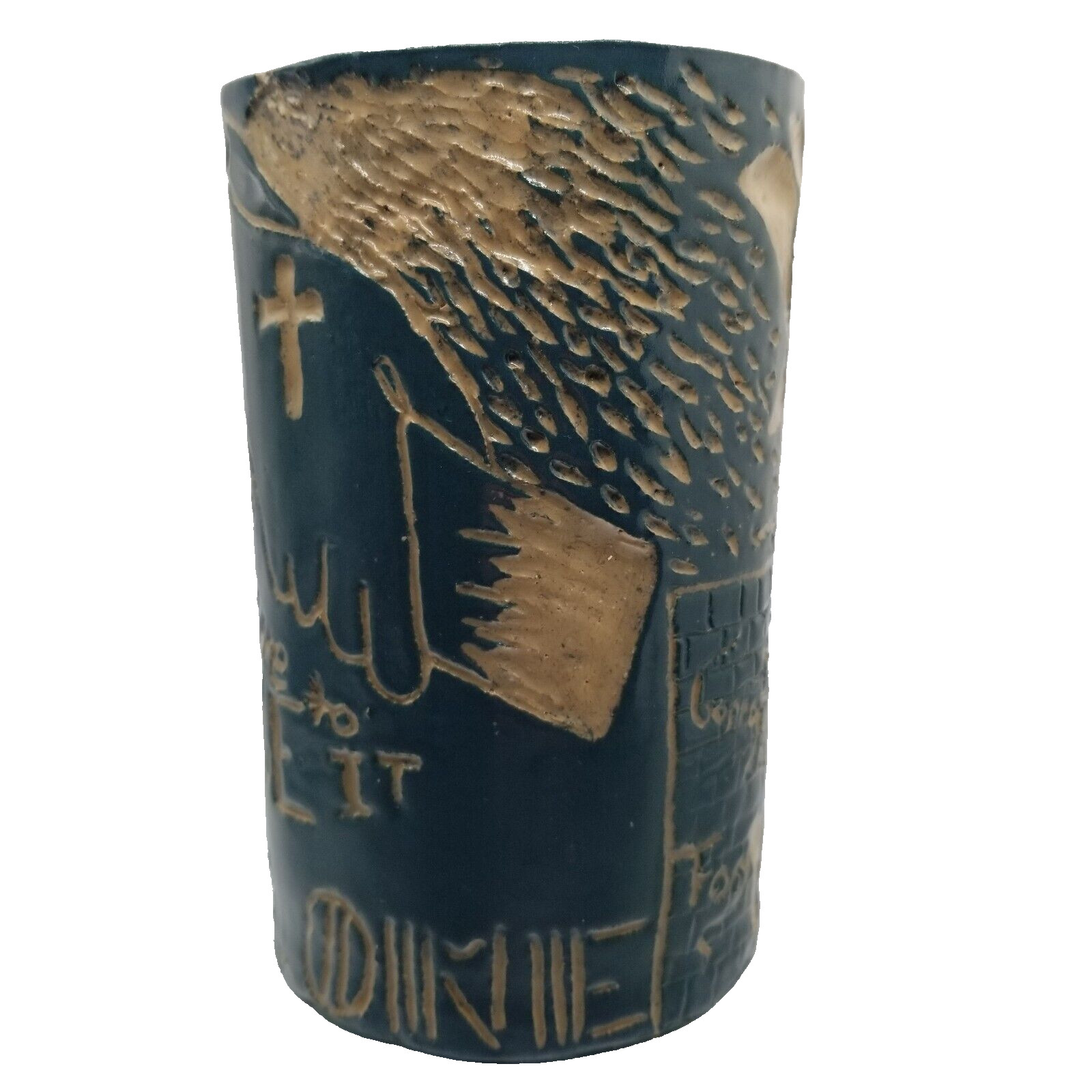 Inspirational Art Pottery Canister Art Piece Carved Message Hope Signed Blue 6&Prime;