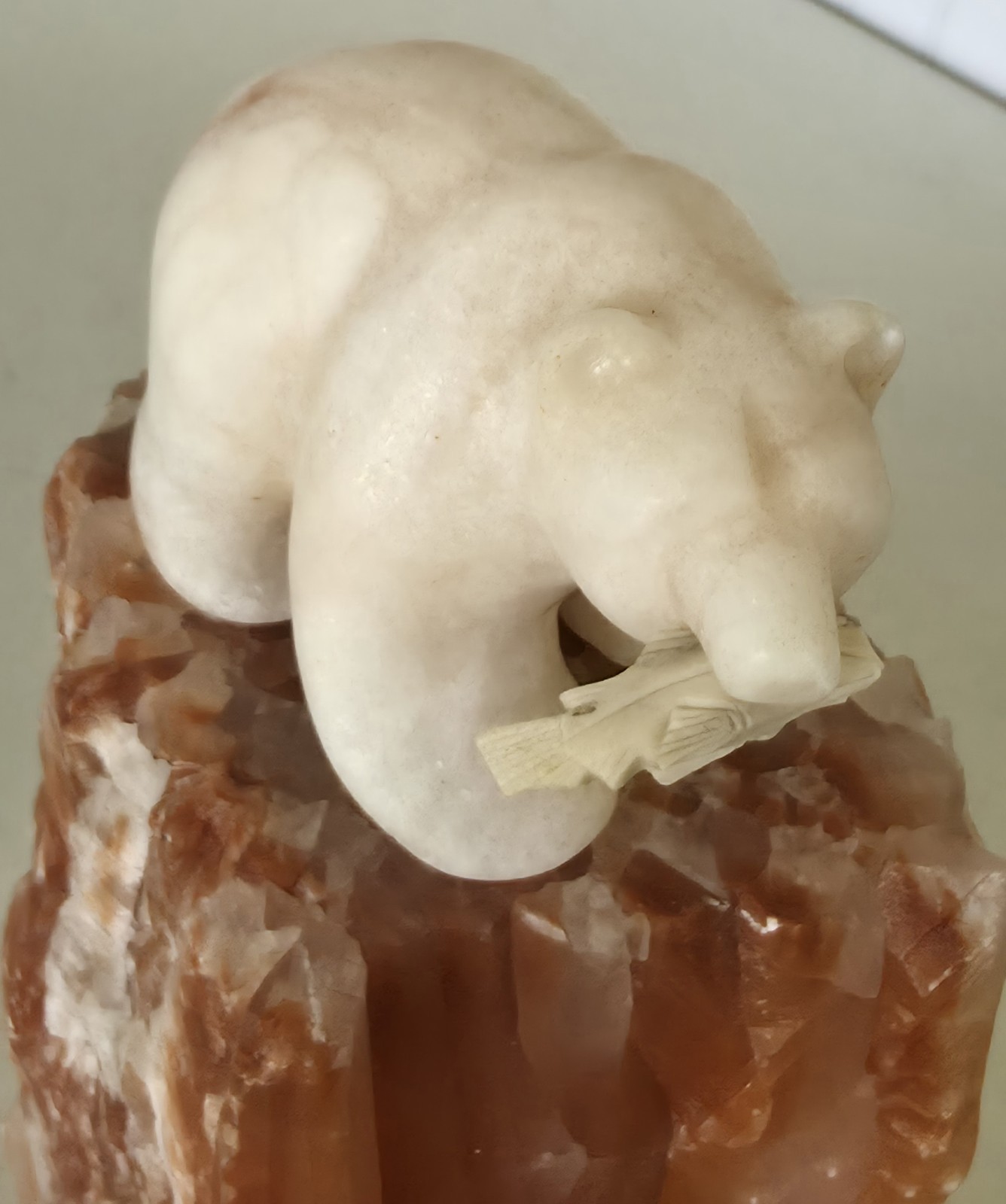 Eddie Lee SIGNED Carved 8&Prime; Alabaster Bear w/ Fish on Red Calcite Base – OOAK