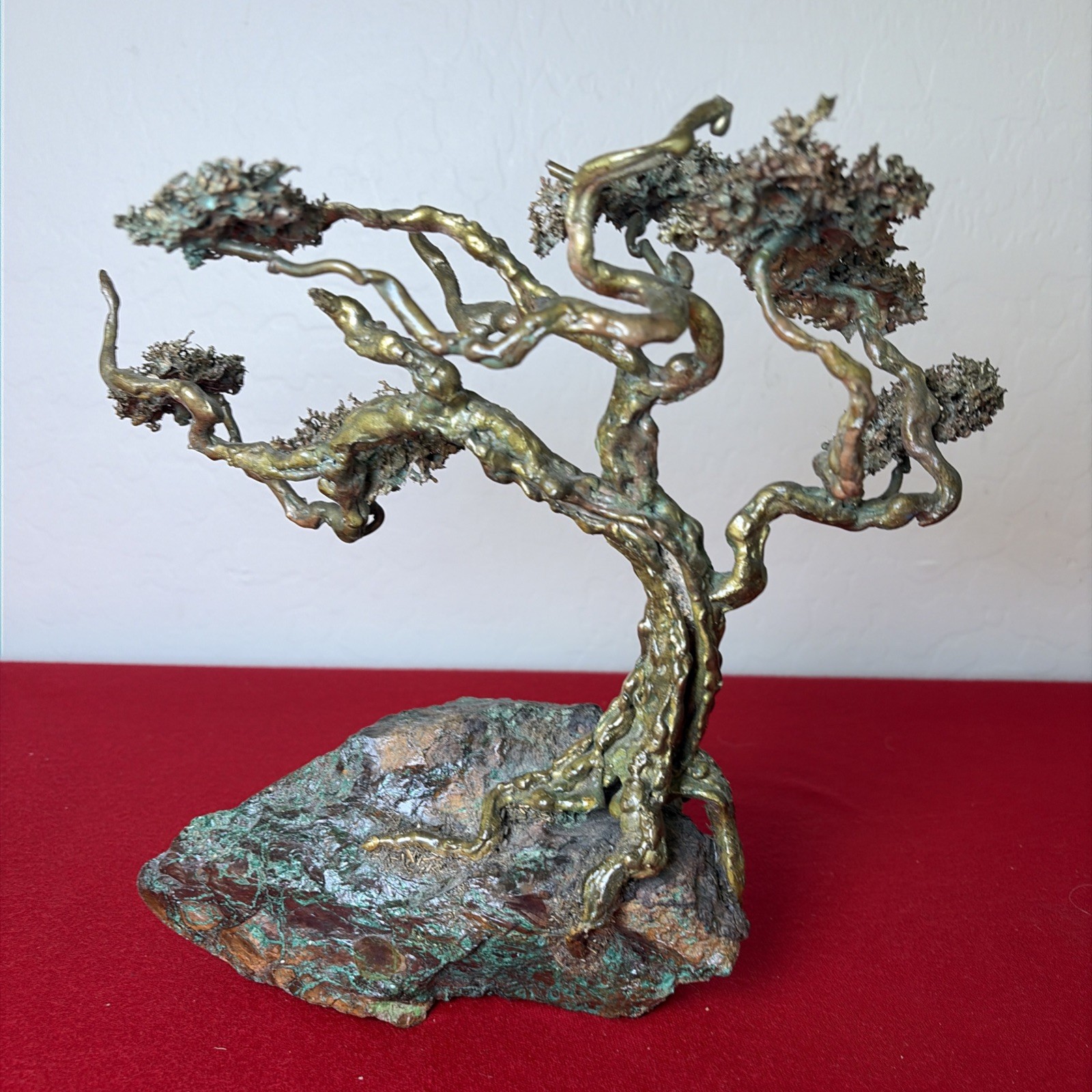 Brutalist Bonsai Cypress Tree Sculpture+Green Stones(Some Missing) Vintage Bell?