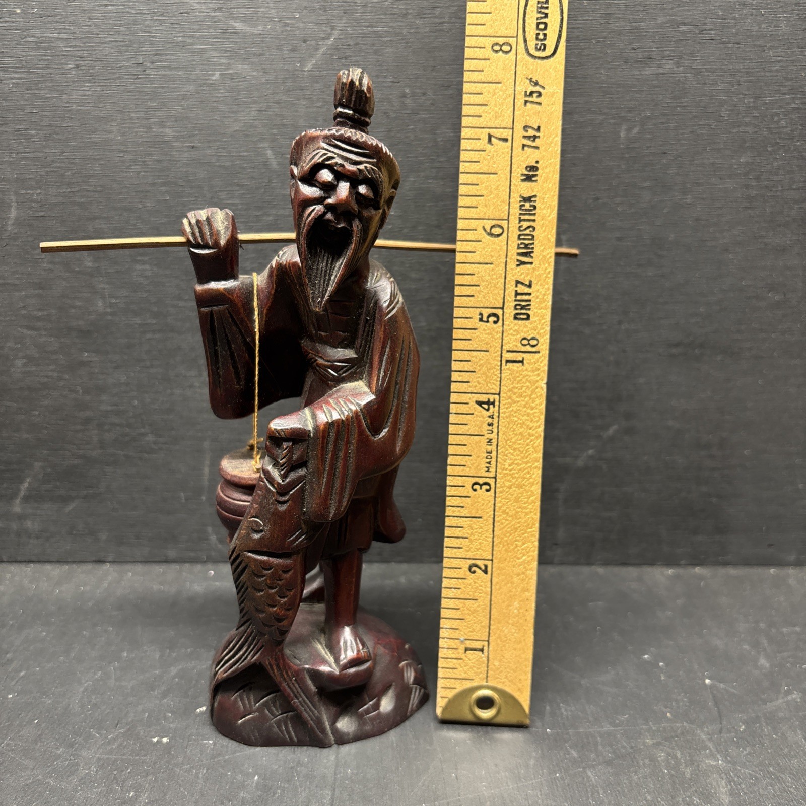 Vintage Japanese Hand Carved Solid Wood Old Fishing Man Sculpture 7.25&Prime; Tall