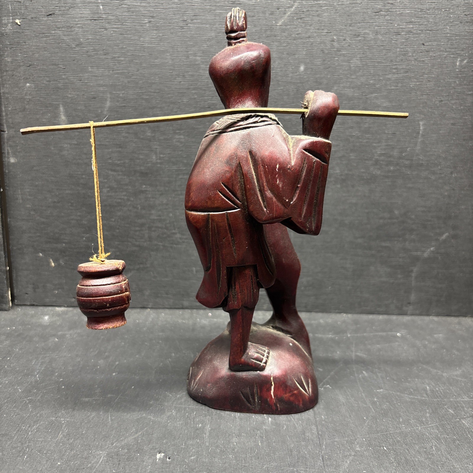 Vintage Japanese Hand Carved Solid Wood Old Fishing Man Sculpture 7.25&Prime; Tall