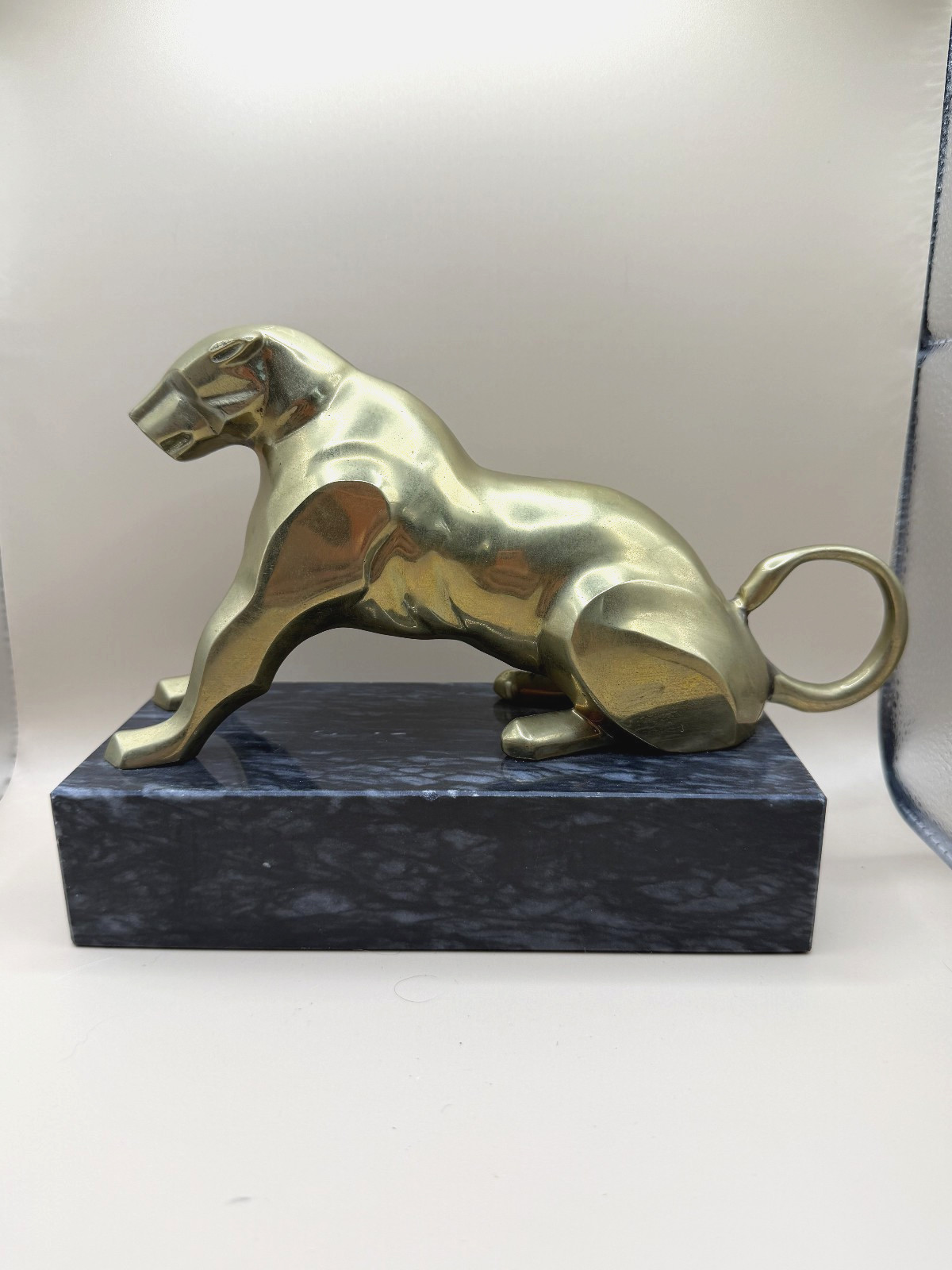 1983 Dara Intl Brass Jaguar Statue Marble Base Art Deco Style Big Cat Figure