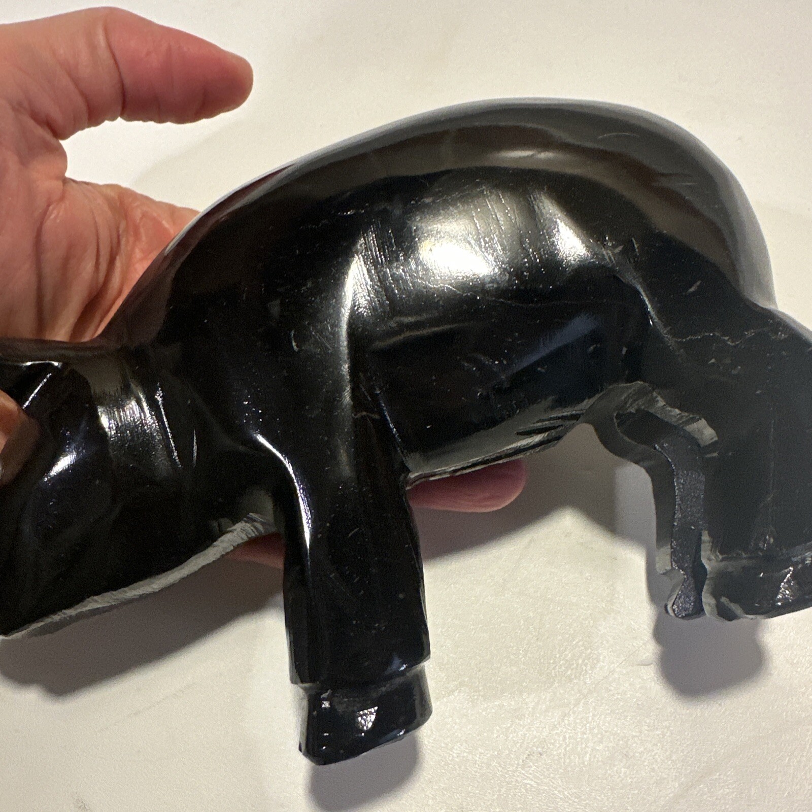 Carved Pig Black Stone Shiny Large