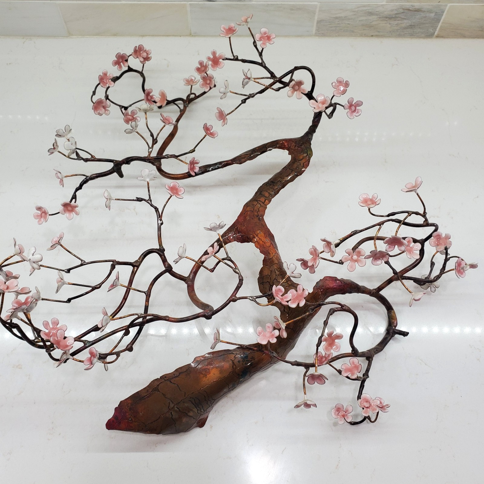 Bovano of Cheshire Blooming Bonsai Metal Tree Sculpture Pink White Flowers