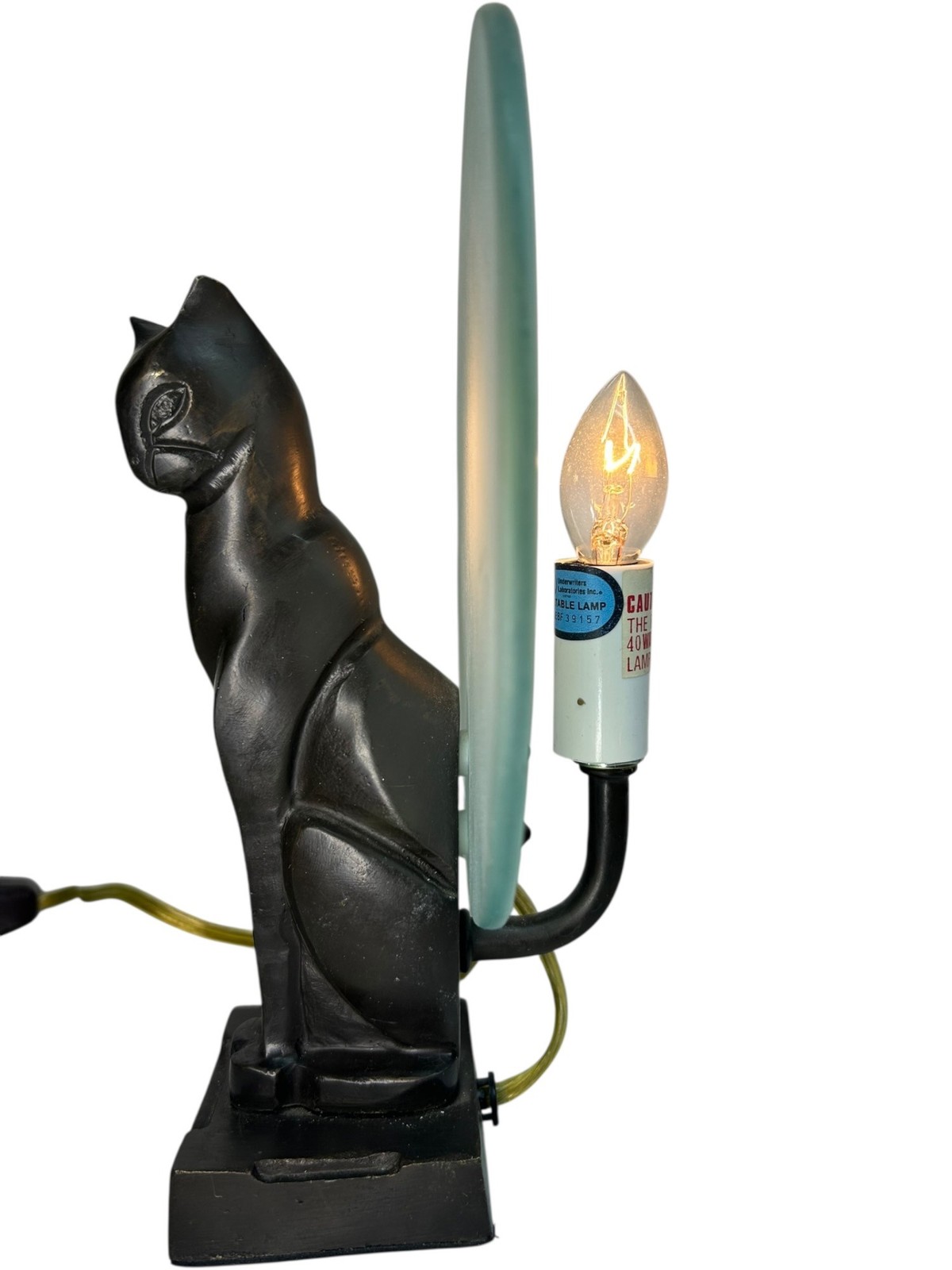 Art Deco Bronze Cat Moon Lamp Feline Sculpture Light Early Vintage 1920s