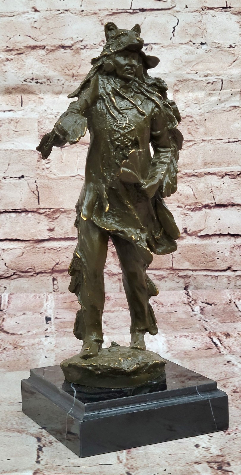 Limited Edition Indian Chief Bronze Sculpture with Headdress by C M Russell Home
