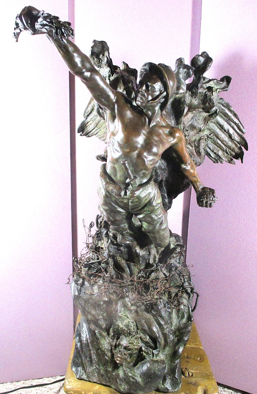 EDGARDO SIMONE 27&Prime; BRONZE CA 1919, SOLDIER W/OLIVE LEAVES & GRENADE, EXPLOSION,