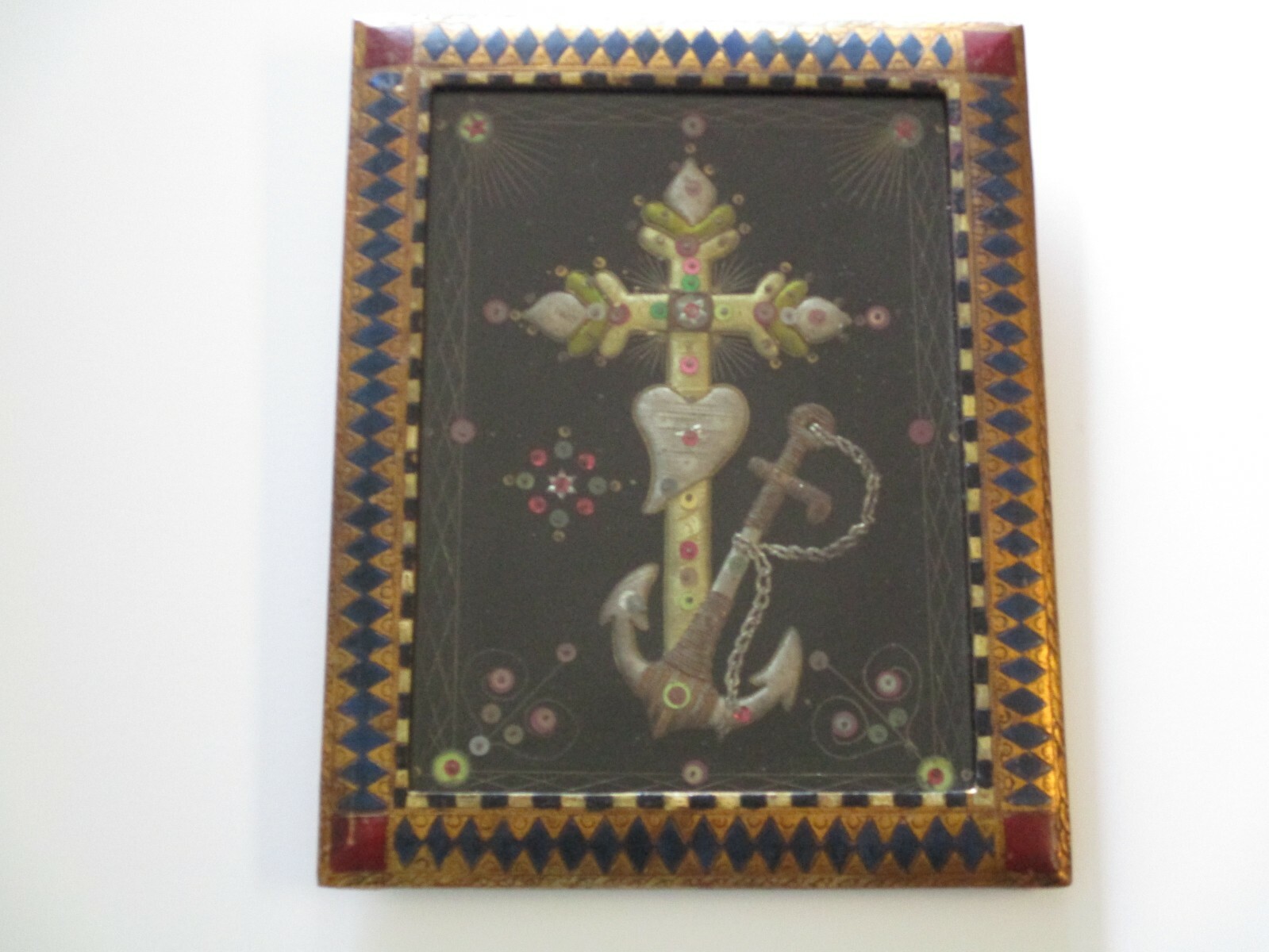 ANTIQUE ART DECO ERA FRAME FRAMED SILVER THREAD NAVY NAUTICAL MILITARY SCULPTURE