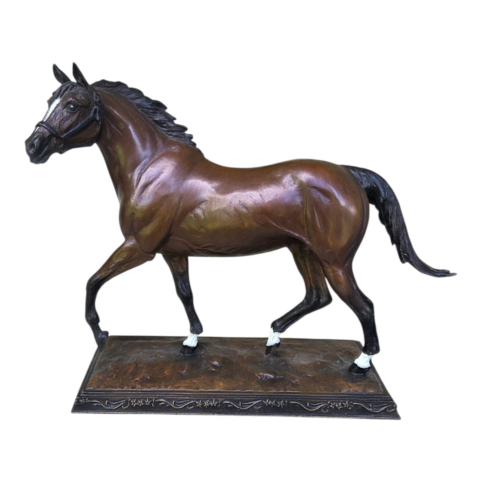 « Poised for Glory » Bronze-Finish Horse Statue Bay White Socks Decorative Base