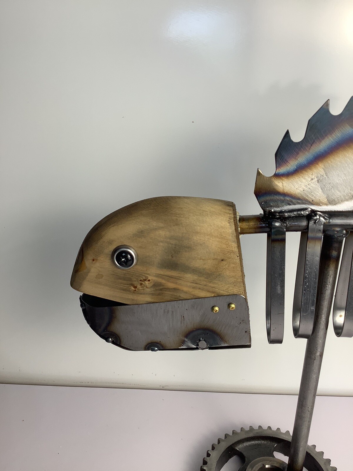 Rare One of a Kind Metal Art Fish With Wooden Head And Tail Handmade 14&Prime; x 14&Prime;