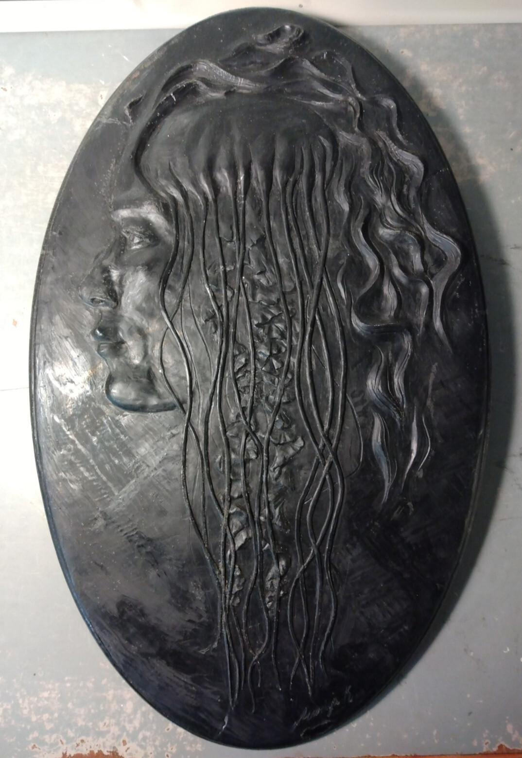 Mariya K Bas SIGNED Relief Oval Hanging Wall Sculpture Woman Goddess Portrait