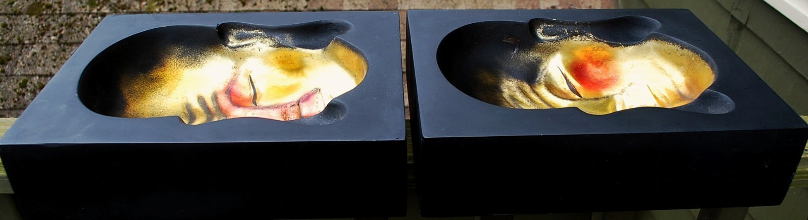 Vtg Set 2 BUDDHA PORTRAIT FACES Shadowbox Wall Art NEGATIVE SPACE Black/Gold 12&Prime;
