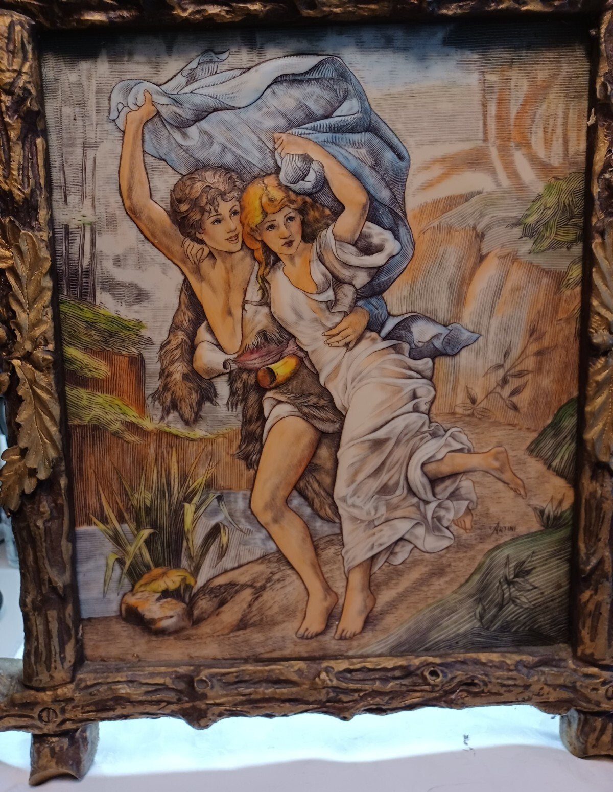 Artini Vintage Young Lovers Sculpture Framed Art Engraved Hand-painted European