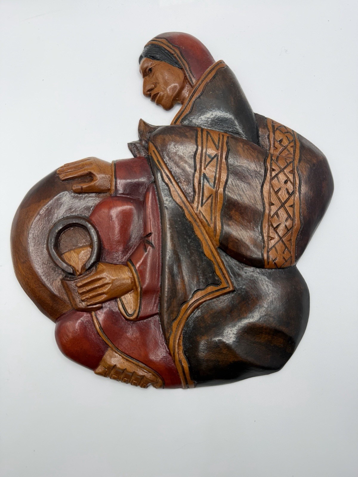 Vintage Hand-Carved Wood Wall Art Brazil Foz do Iguaçu Indigenous Woman with Pot