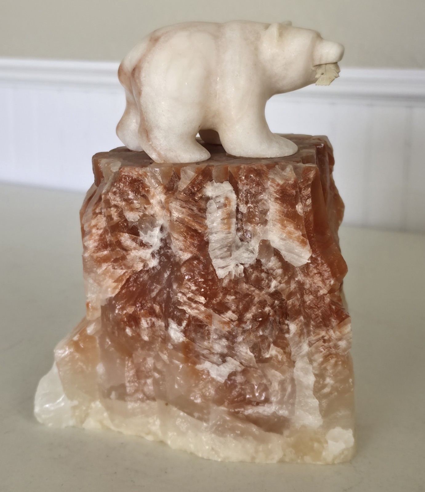 Eddie Lee SIGNED Carved 8&Prime; Alabaster Bear w/ Fish on Red Calcite Base – OOAK
