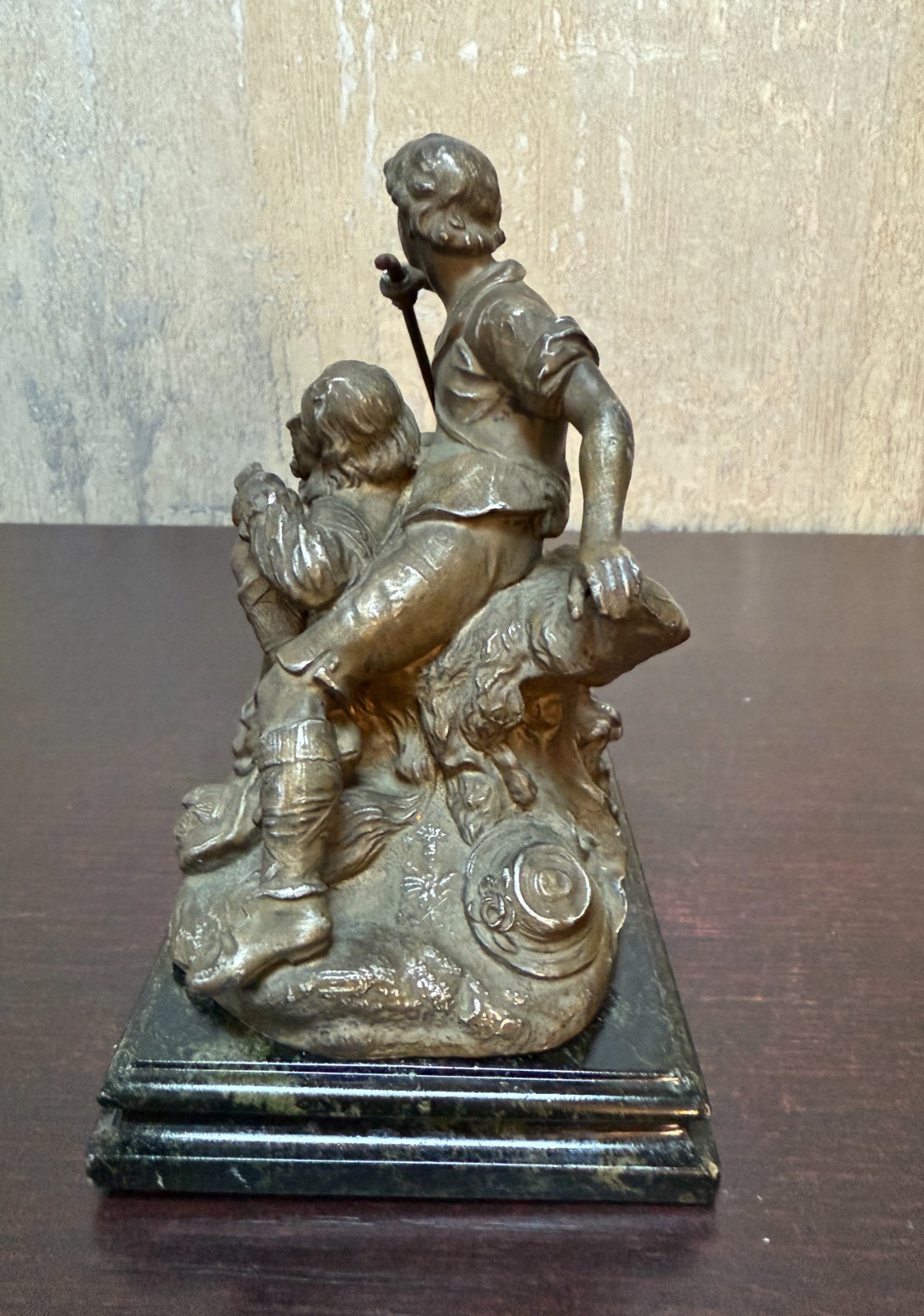 P.Müller Signed Figurative Group – Shepherd Aiding Elder Bronze on Marble c.1900