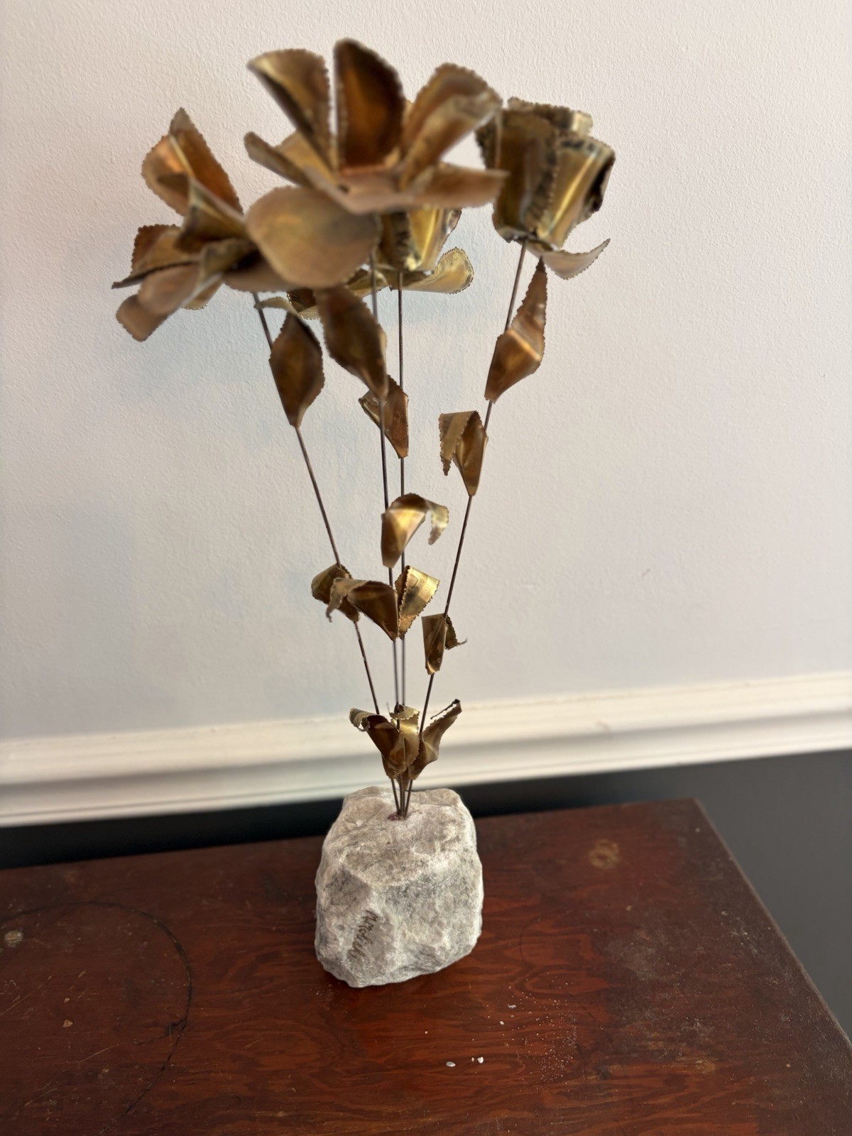 MCM Cut Brass Brutalist Flowers On Rock Base Tabletop Sculpture