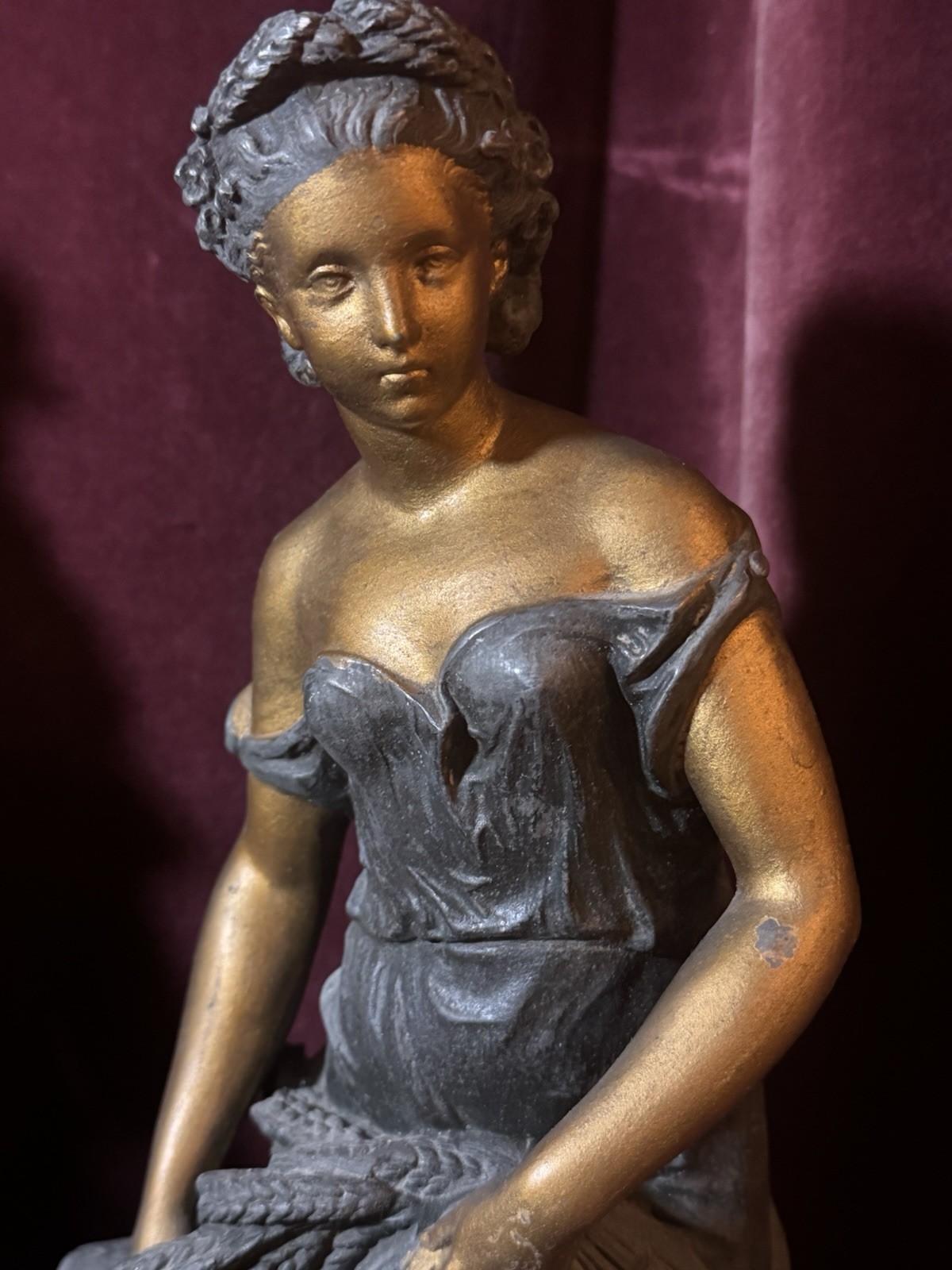 A Large Pair of Antique French Bronzed Spelter Allegorical Sculptures