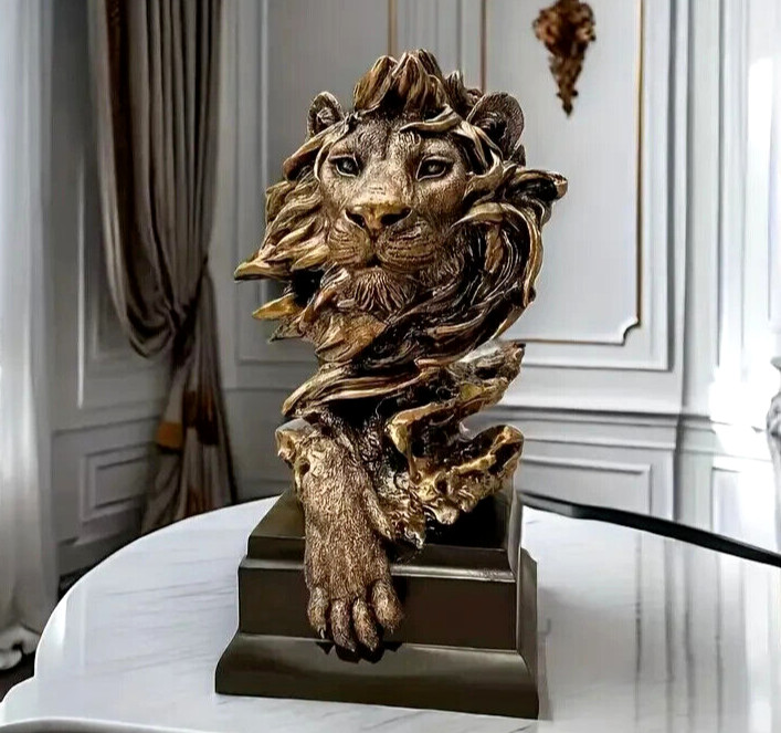NEW Bronze-Style Lion Head Bust with Front Paw Resin Figurine Sculpture 12hx6wx5