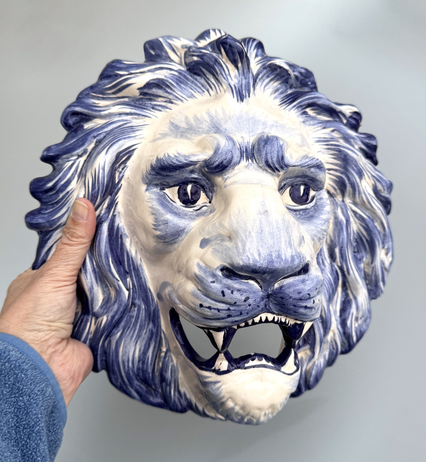 Large Lion Head 3D Sculpture in Blue Glazed Ceramic by Luiz Salvator, Brazil