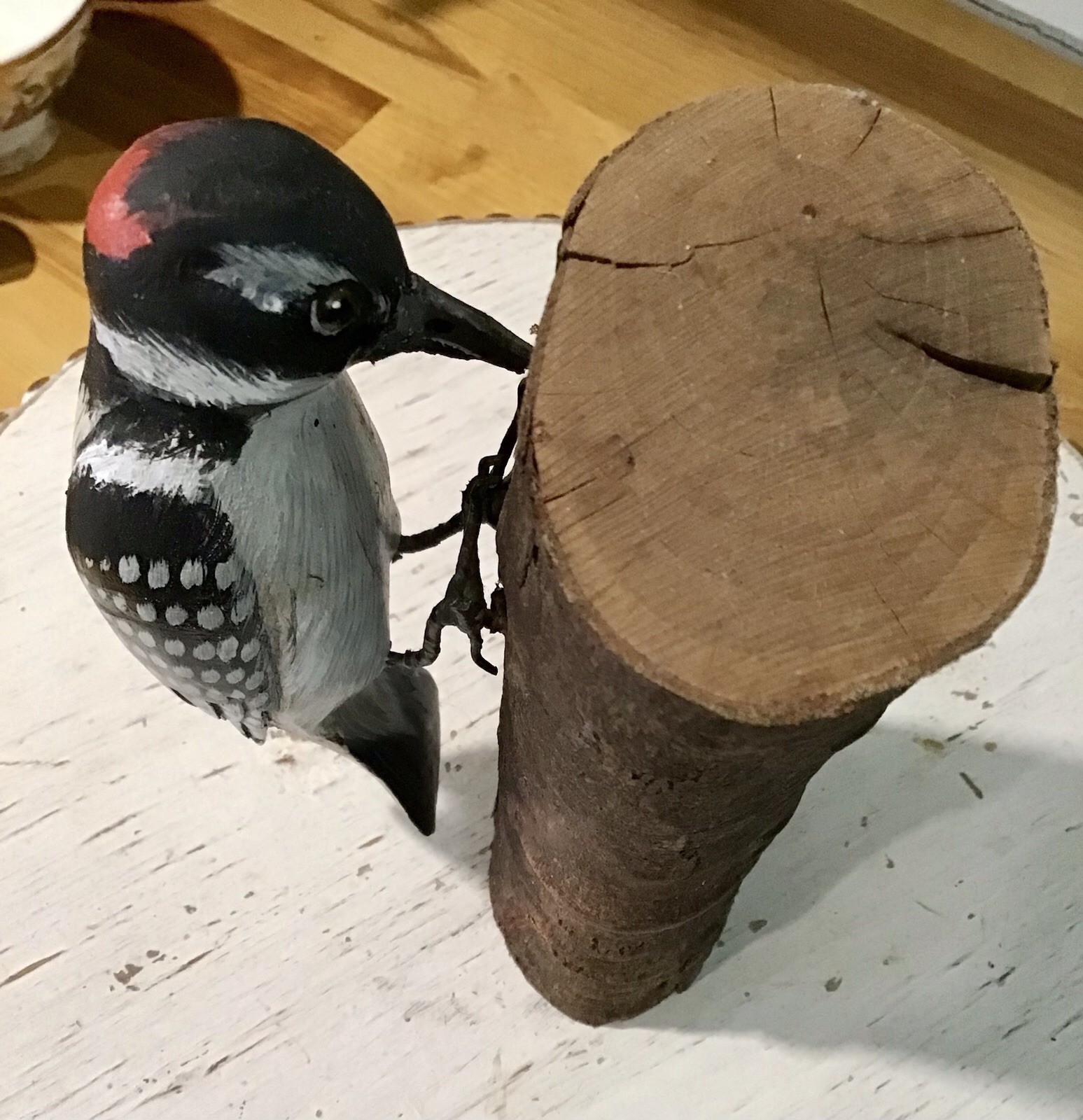 Vtg Carved & Painted Wood Downy Woodpecker Sculpture with Wood Base Realism 6”