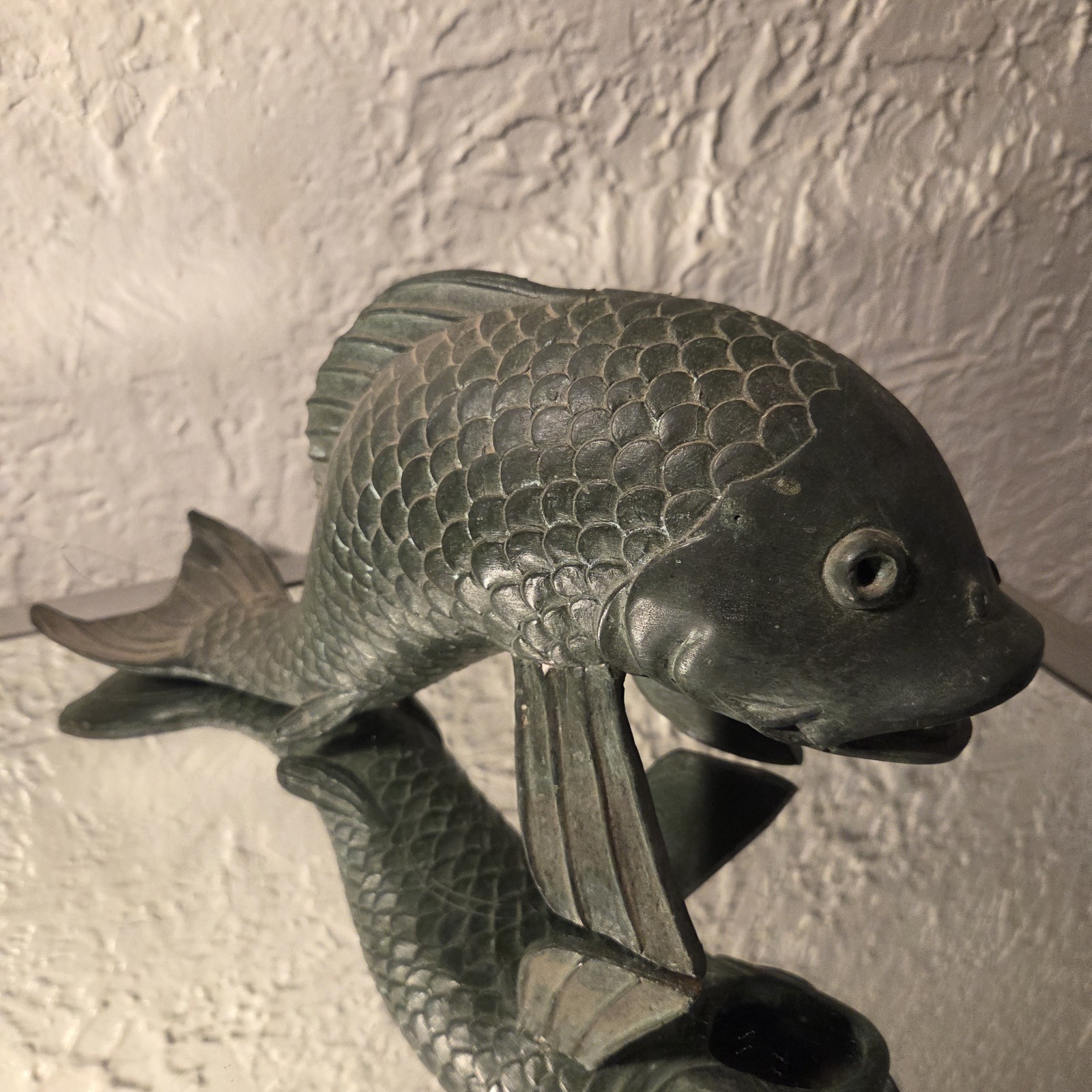 Vintage Bronze Koi Fish Fountain Sculpture with Open Mouth